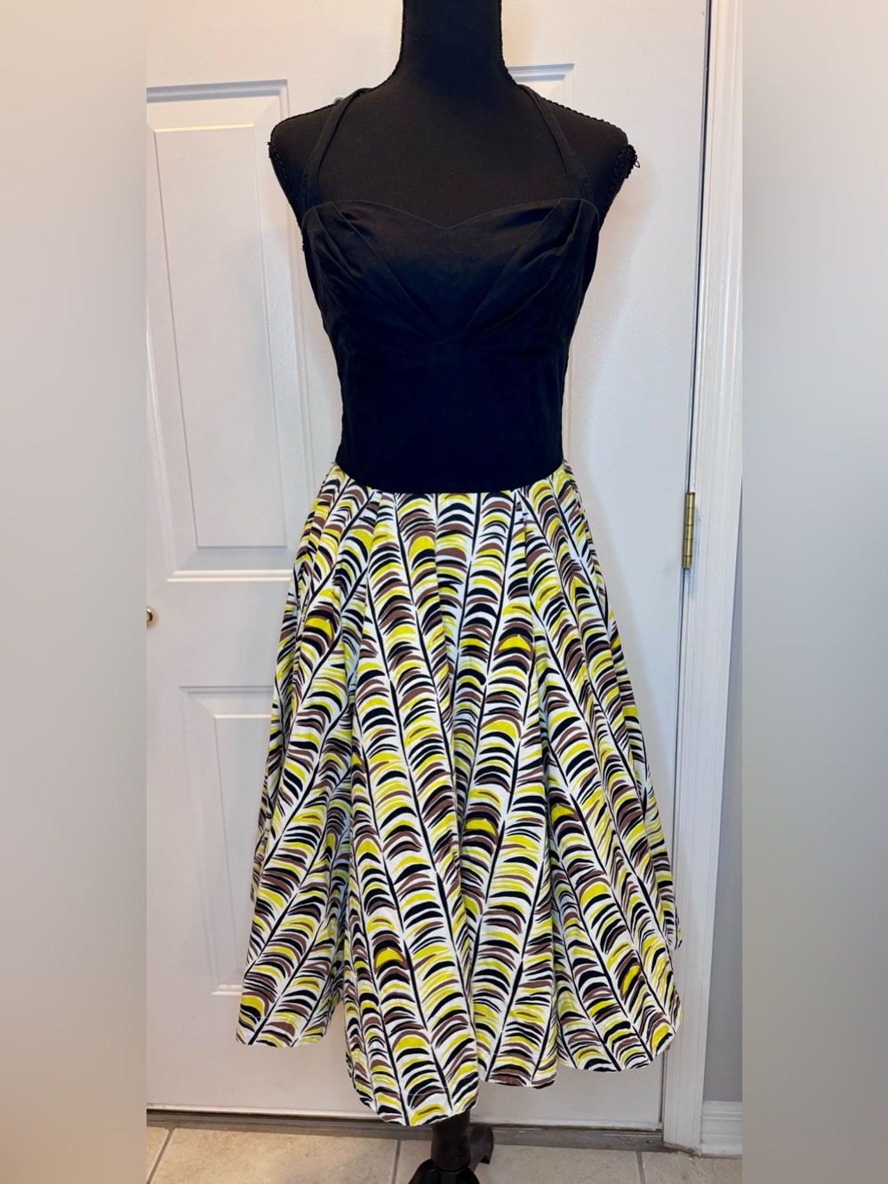 Black Bodice Midi Dress with Yellow Patterned Skirt